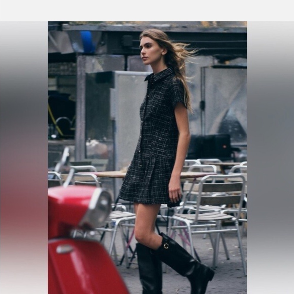 Zara Textured Black Plaid Mini Dress Sz Medium